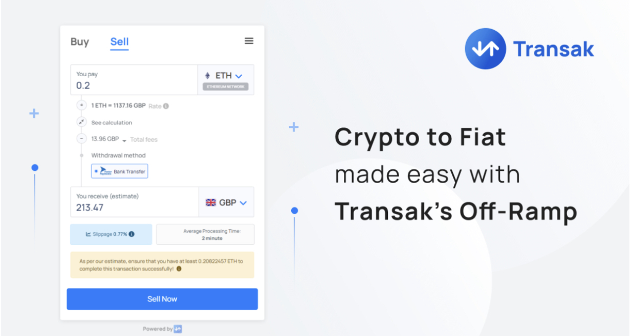 Transak enables users to off-ramp 40+ crypto assets directly to their bank accounts