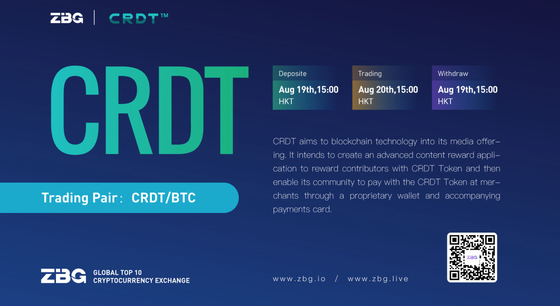 CRDT has just been listed on the ZBG.com exchange ...